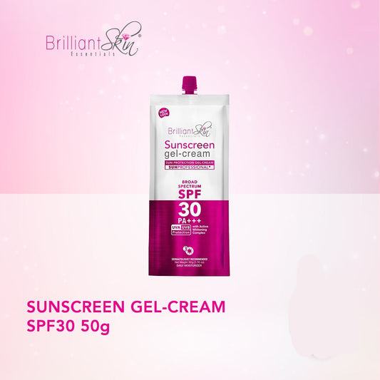 Sunscreen gel-cream packaging with 'Brilliant Skin' branding on a pink gradient background.