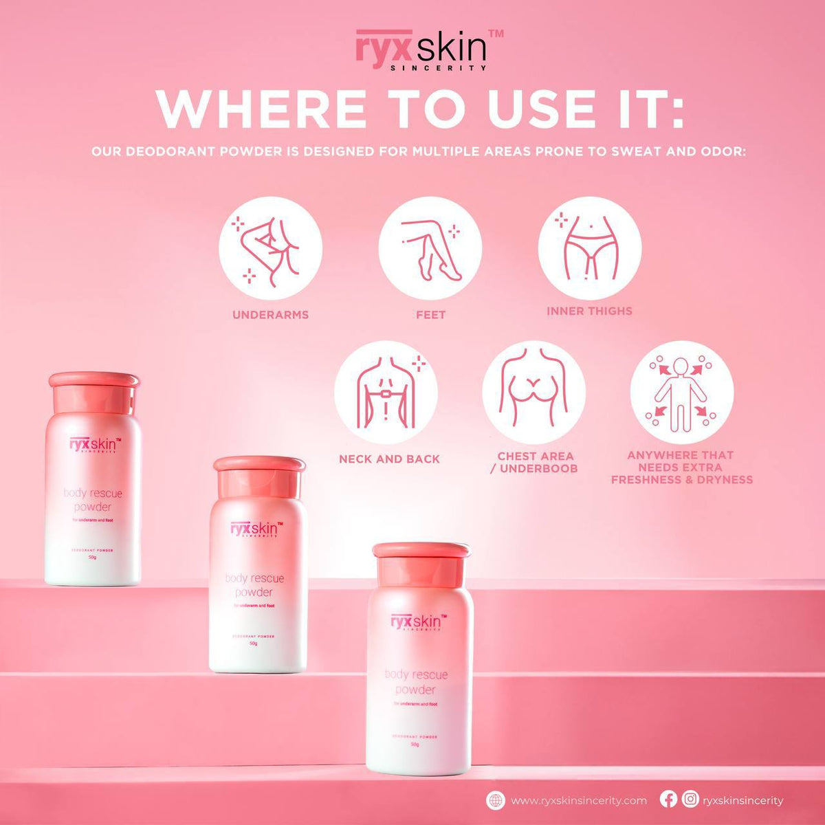 RyxSkin Body Rescue Powder For Underarm and Foot Deodorant Powder 50g