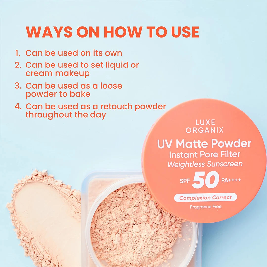 Luxe Organix UV Matt Powder Instant Pore Filter Sunscreen Complexion Correct SPF50 PA++++ 15g
