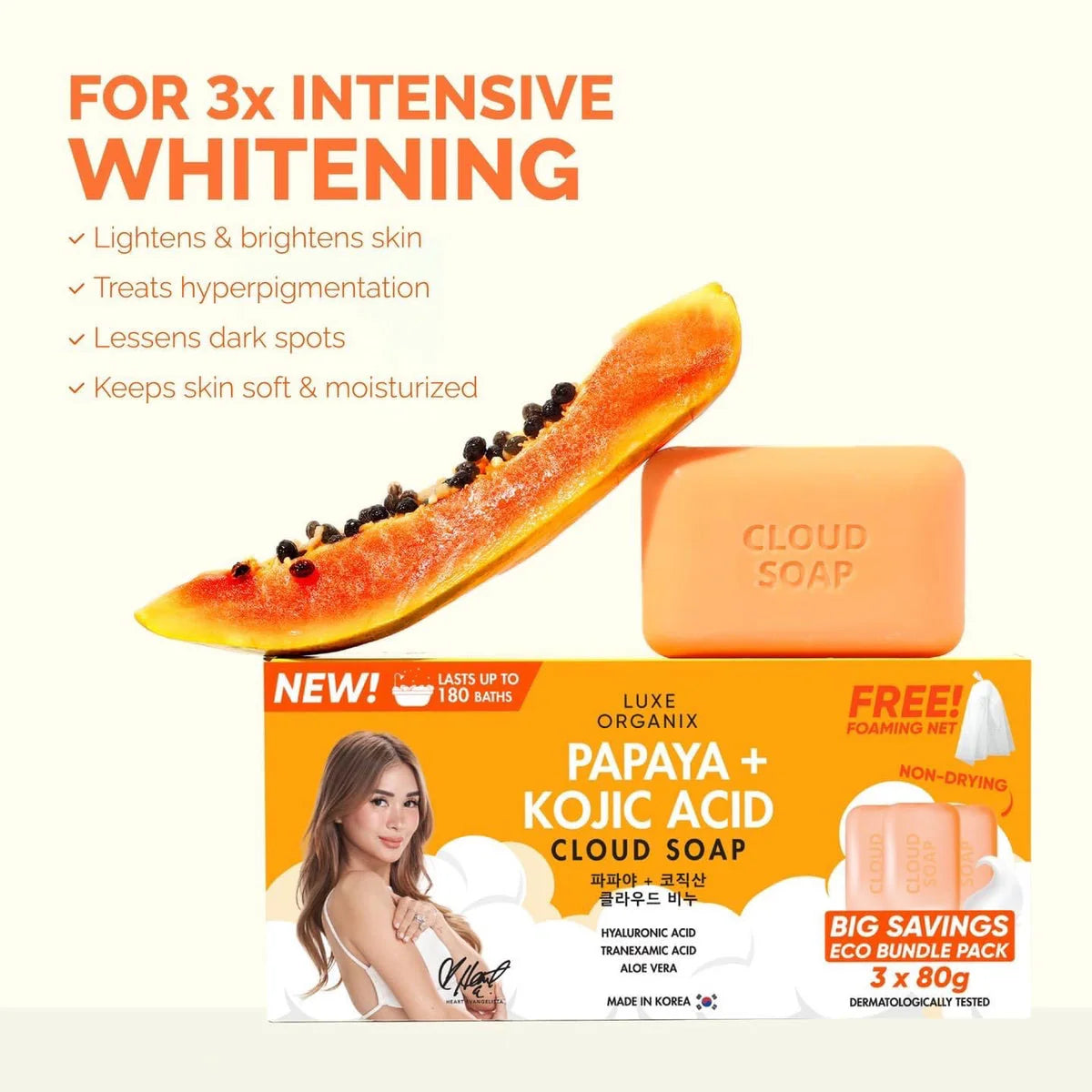 LUXE ORGANIX Papaya + Kojic Acid Cloud Soap 3 x 80g (Eco Bundle Pack)