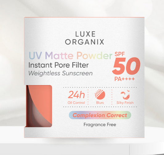 Luxe Organix UV Matt Powder Instant Pore Filter Sunscreen Complexion Correct SPF50 PA++++ 15g