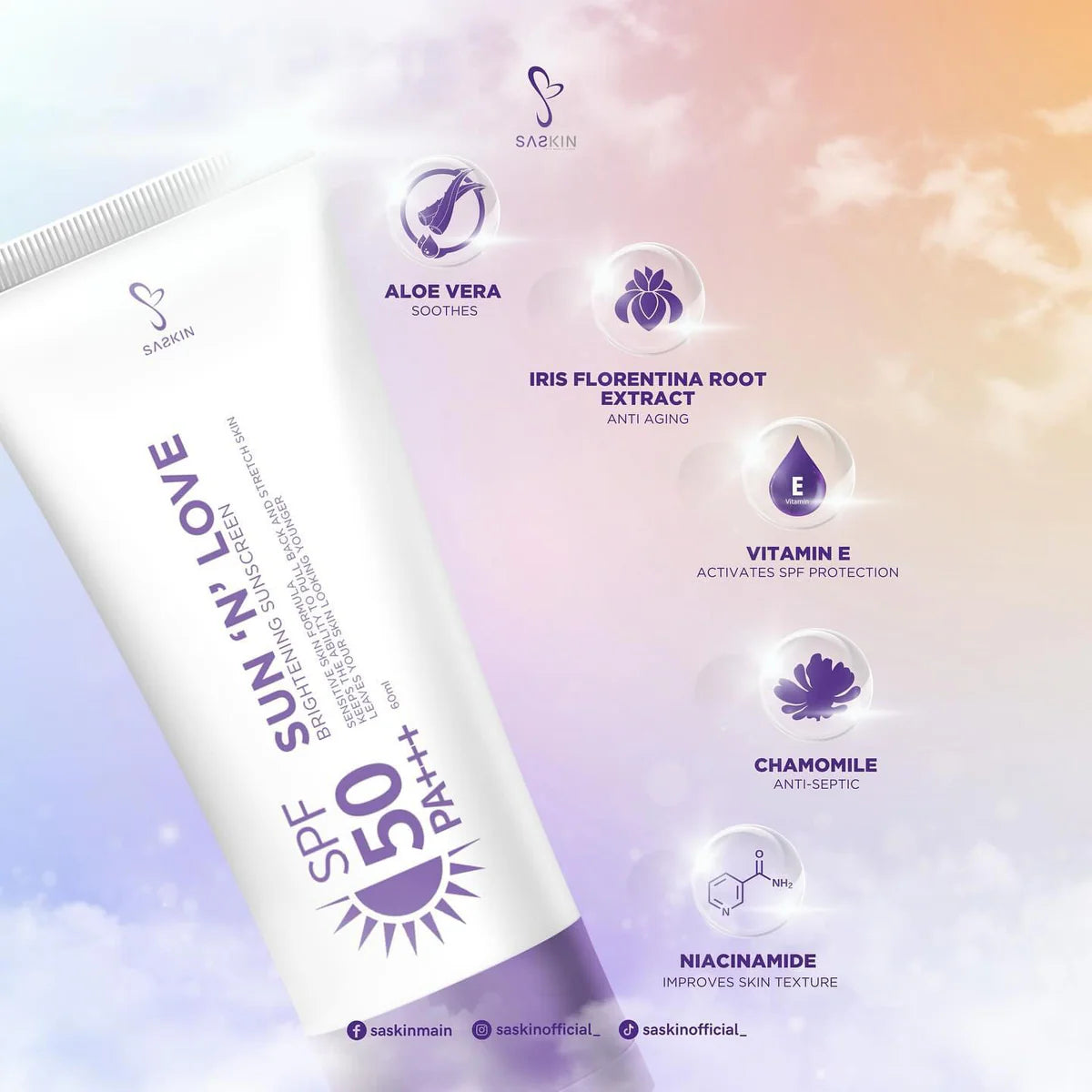 SASKIN Sun 'N' Love Brightening Sunscreen SPF 50 PA+++ 60ml